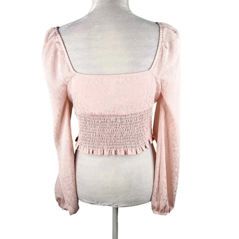 Leith Blouse Crop Top Smocked Pink Smoke M New
